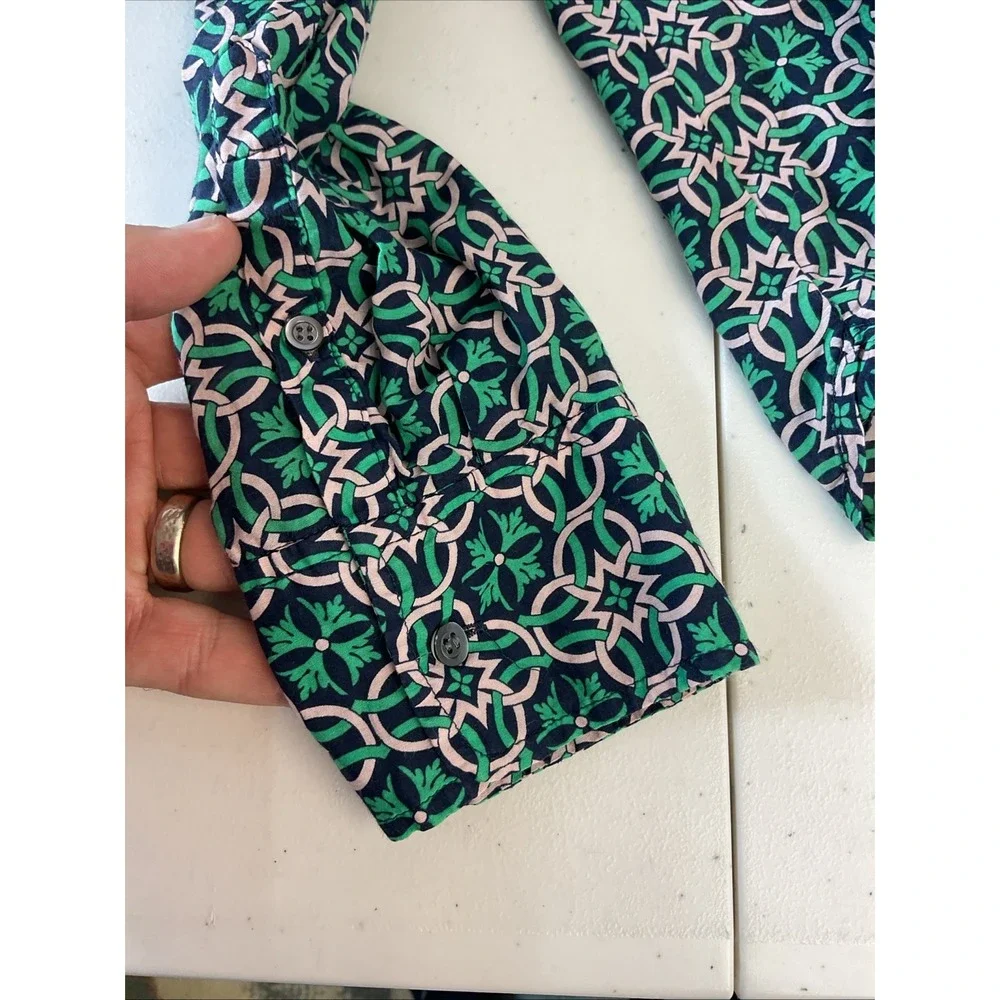 J. Crew Womens Top Size 12 Green Blue Printed Tunic Shirt Long‎ Sleeve Silk Blnd
